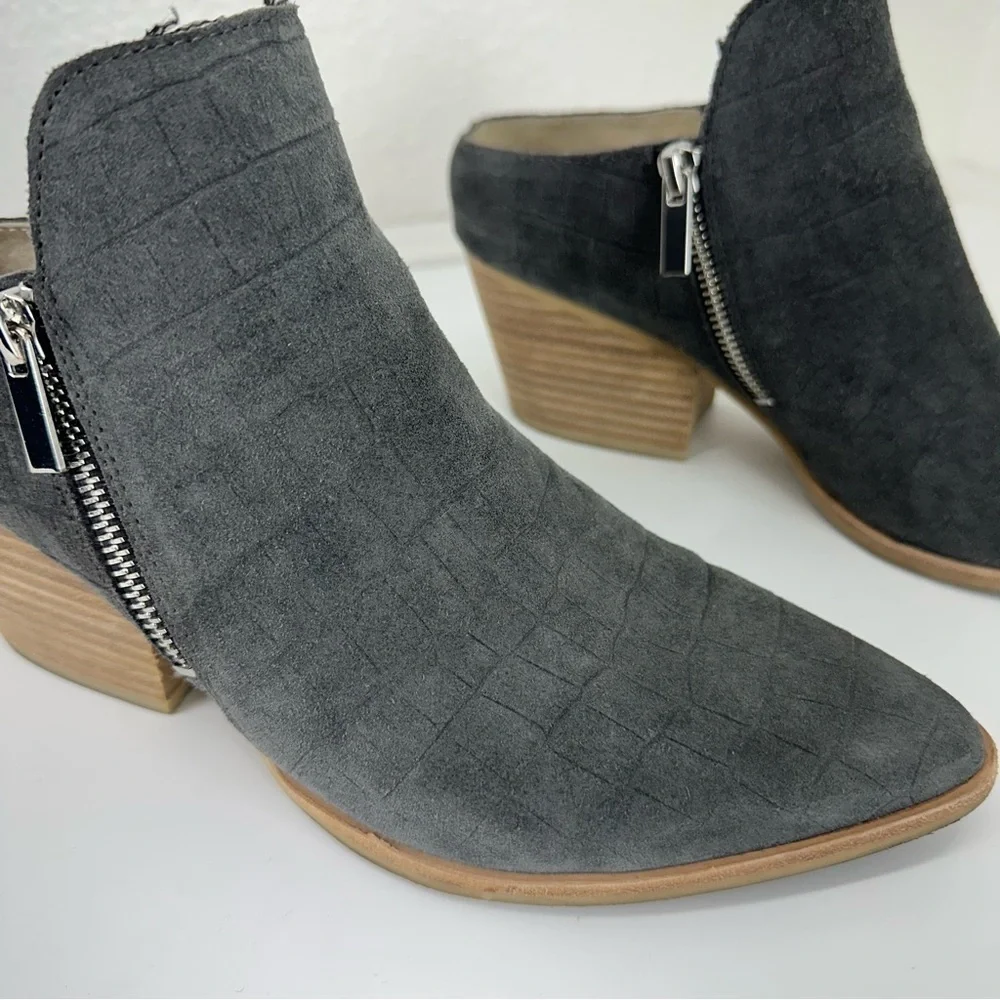 Dolce Vita Gray Suede Croc Almond Toe Closed Toe Heeled Mule Slide Bootie